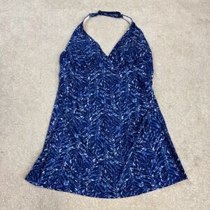 L.L. Bean Women's Swimwear Shaping Clasp Halter Swimdress Blue Leaves Size M
